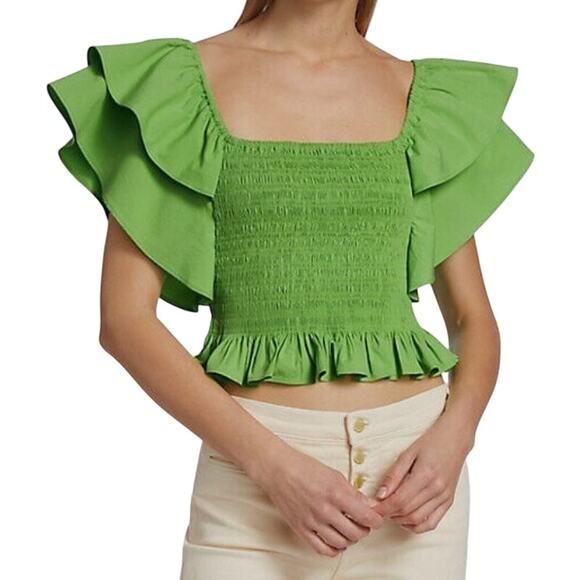 Ramy Brook Bright Green Smocked Flutter Sleeve Crop Top XS Boho Chic Festival - Picture 1 of 9